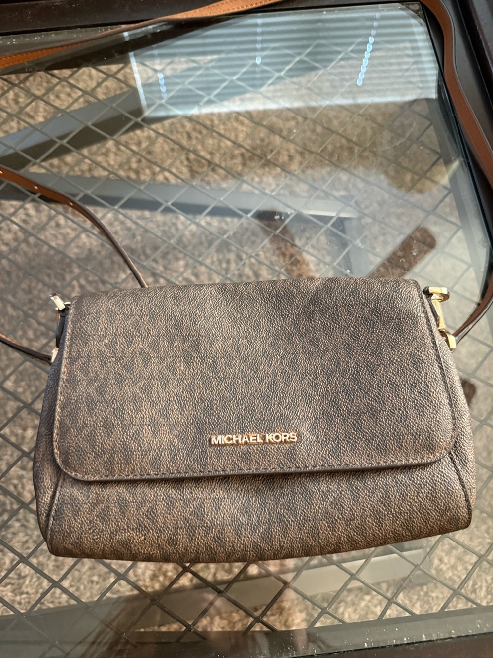 Michael Kors Dark Brown Signature Crossbody with Gold Tone Logo